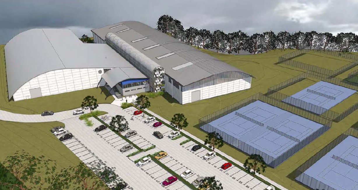 Aerial concept render of Harbour Sports Hub showing the indoor arena, entry canopy, car parking and adjacent outdoor tennis courts