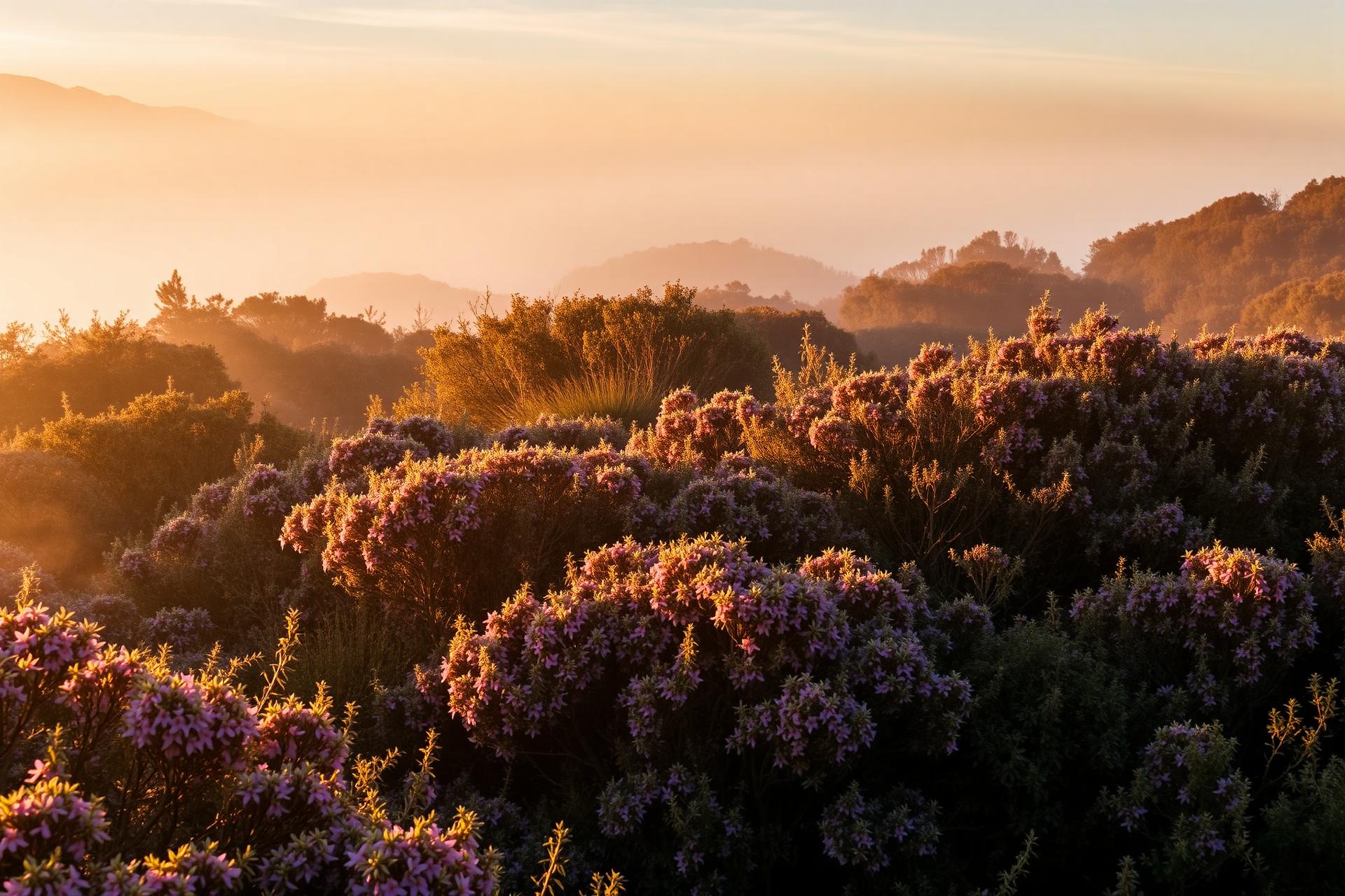 Morning mist over flowering Manuka bush in New Zealand
